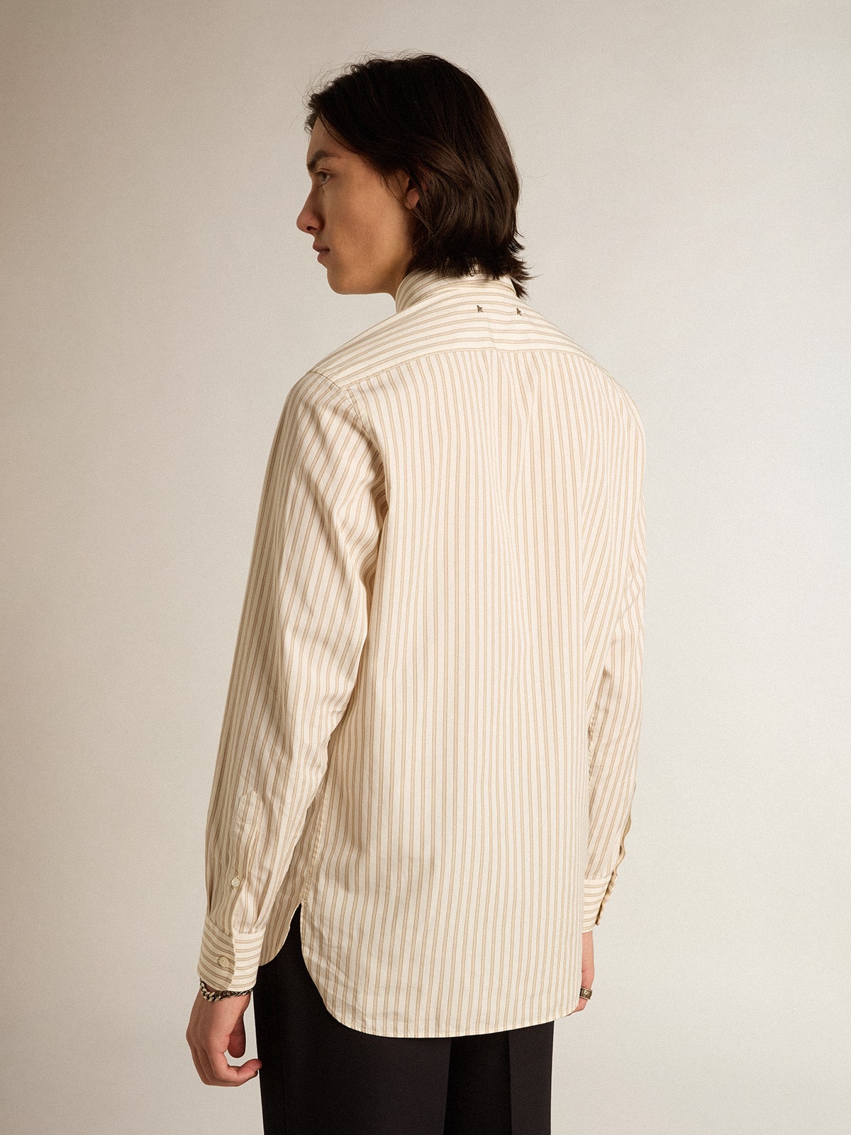 Golden Goose - Men’s white cotton shirt with beige stripes in 