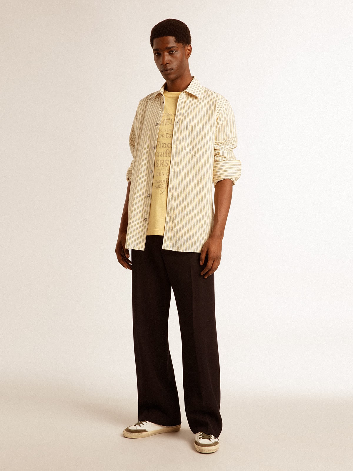 Golden Goose - Men’s ecru cotton shirt with narrow black stripes in 