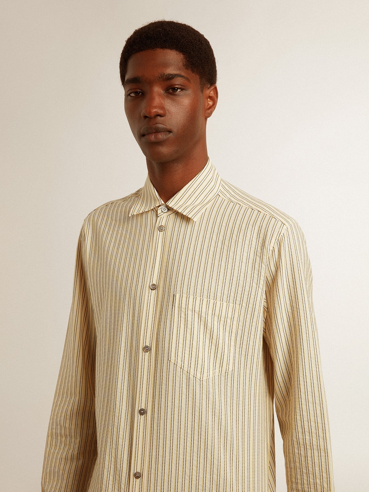 Men’s ecru cotton shirt with narrow black stripes | Golden Goose