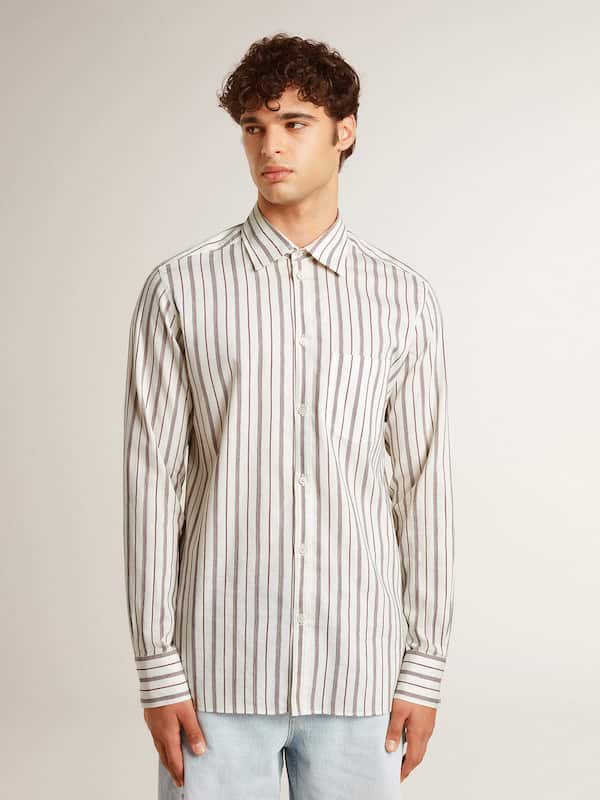 Golden Goose - Men's white cotton shirt with fine burgundy stripes in 