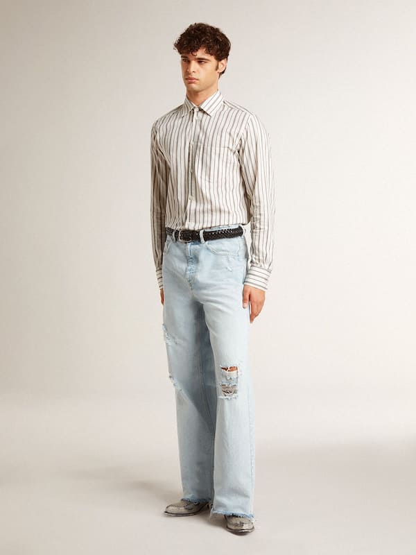 Golden Goose - Men's white cotton shirt with fine burgundy stripes in 