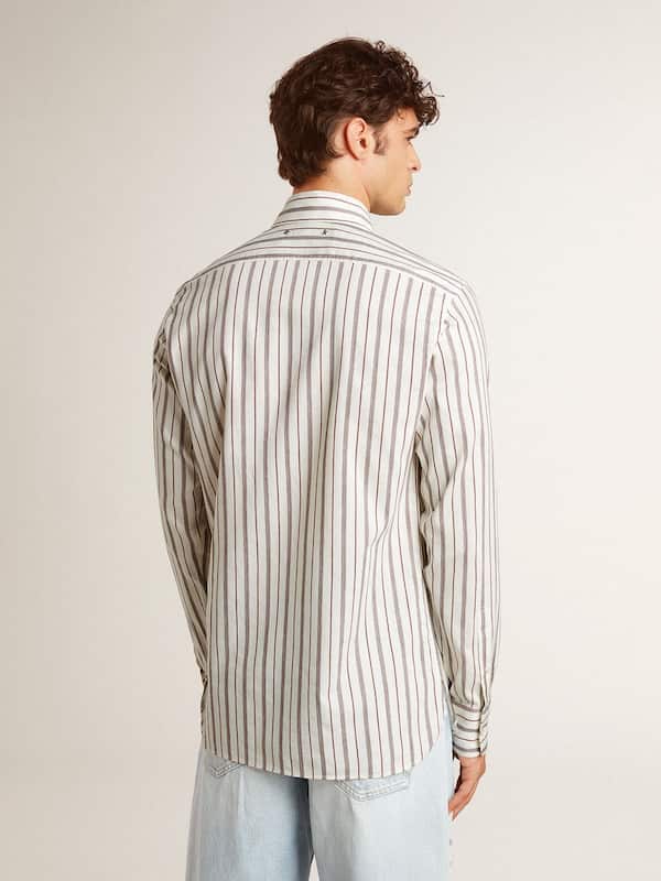 Golden Goose - Men's white cotton shirt with fine burgundy stripes in 