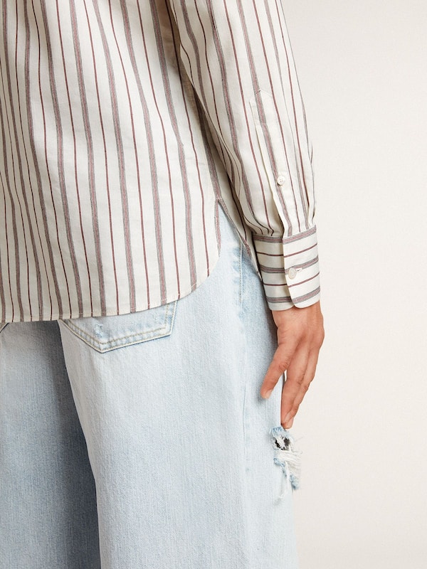 Golden Goose - Men's white cotton shirt with fine burgundy stripes in 
