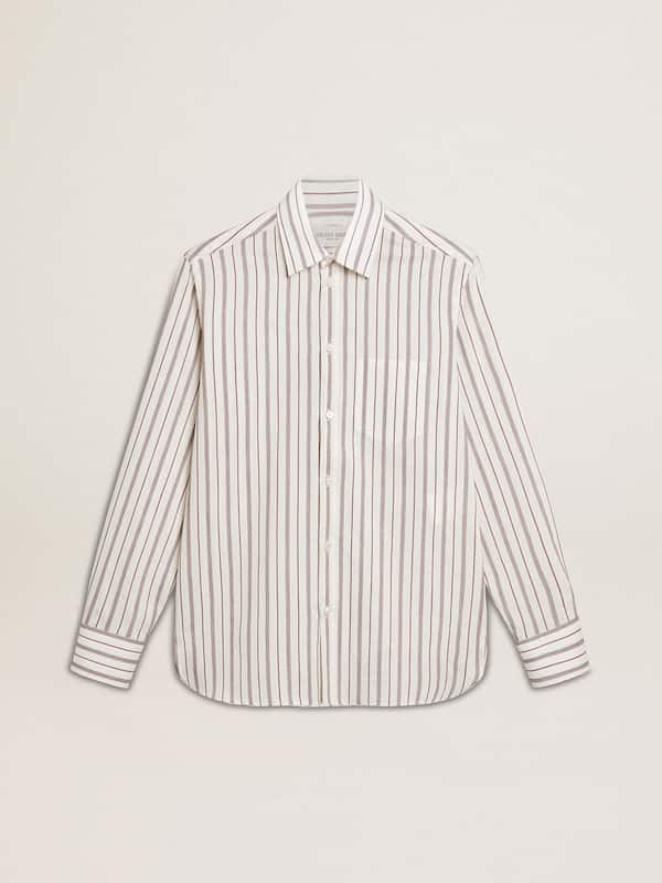 Golden Goose - Men's white cotton shirt with fine burgundy stripes in 