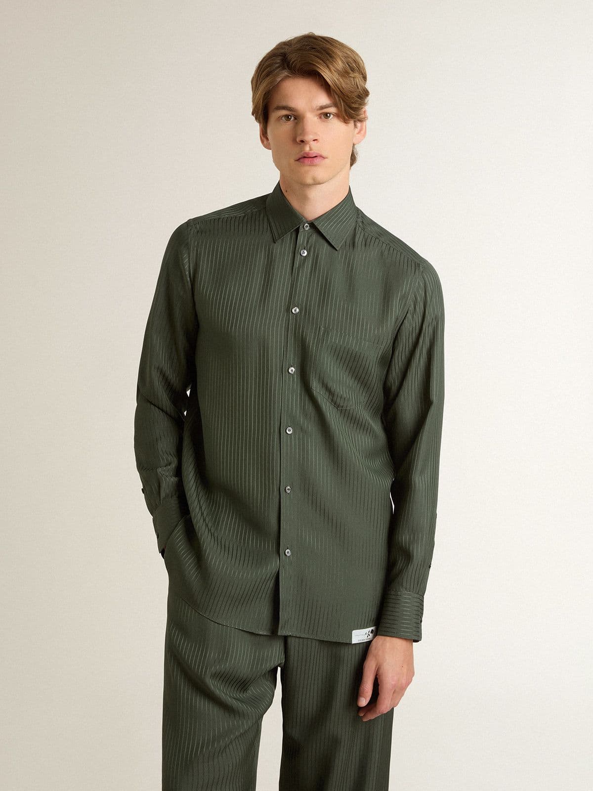 Golden Goose - Camisa de hombre verde oscuro a rayas verticales in 