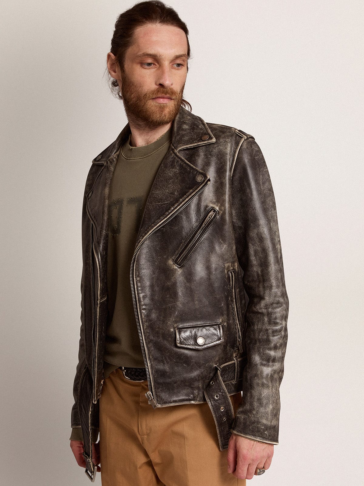 Golden Goose - Herren-Bikerjacke aus strapaziertem Leder in 