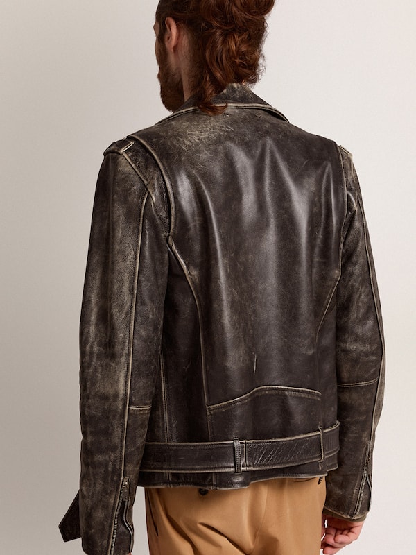 Golden Goose - Men's biker jacket in distressed leather in 