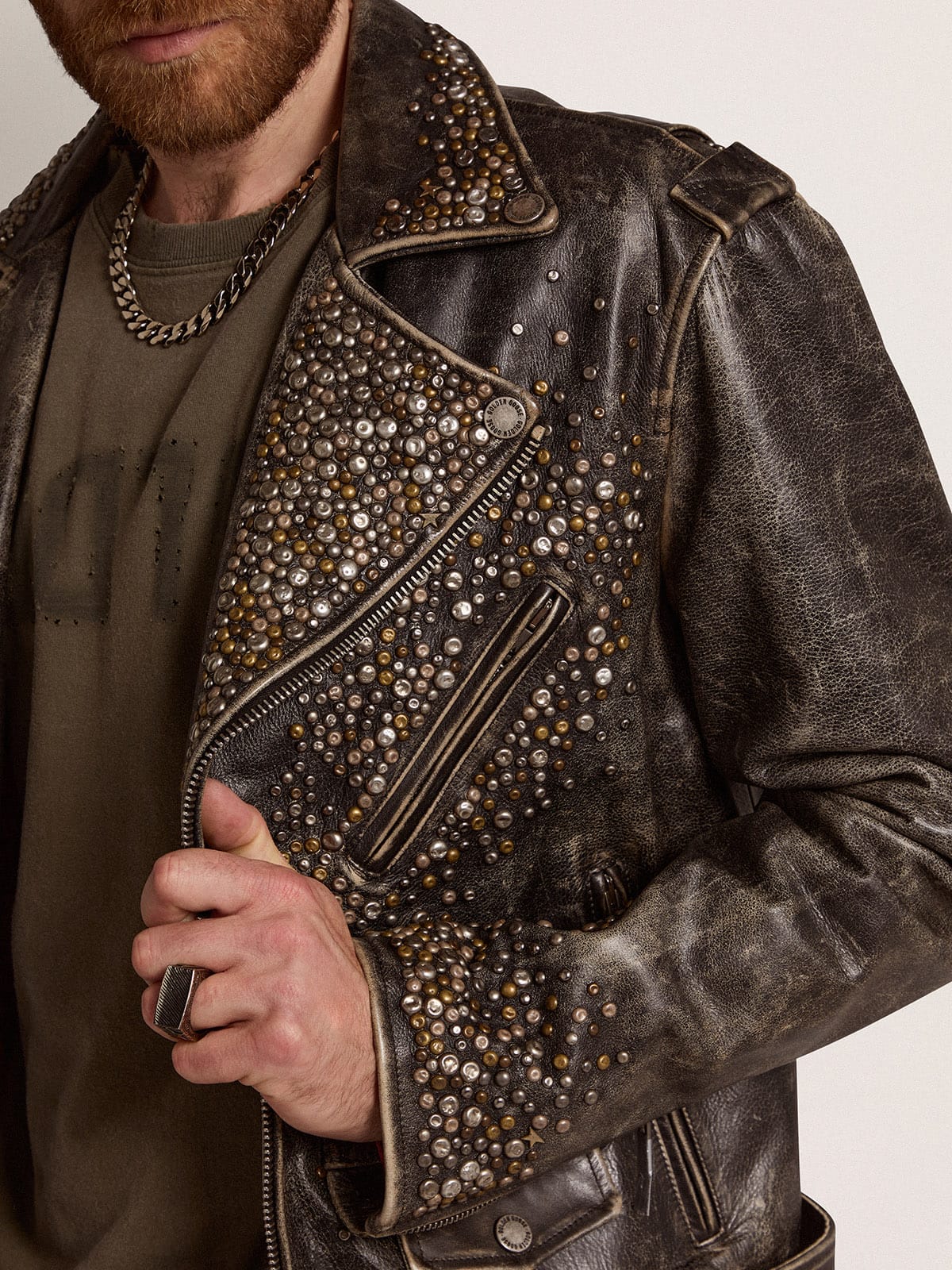 Men's leather biker jacket with hammered studs and adhesive tape | Golden  Goose
