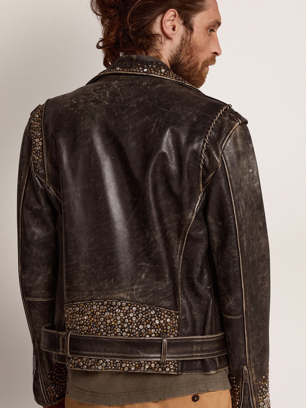 Men's leather biker jacket with hammered studs and adhesive tape | Golden  Goose