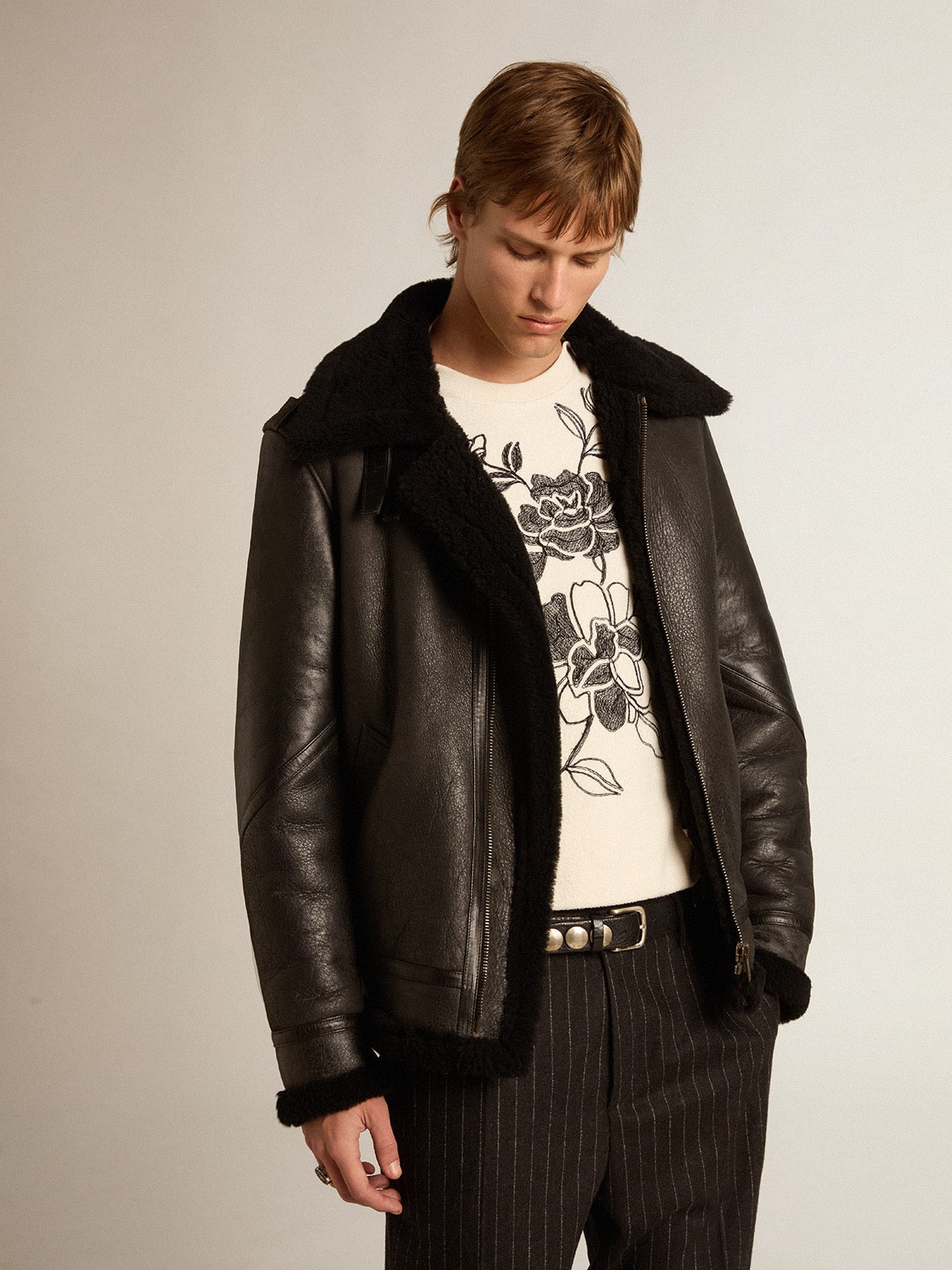 Black sheepskin biker jacket hotsell