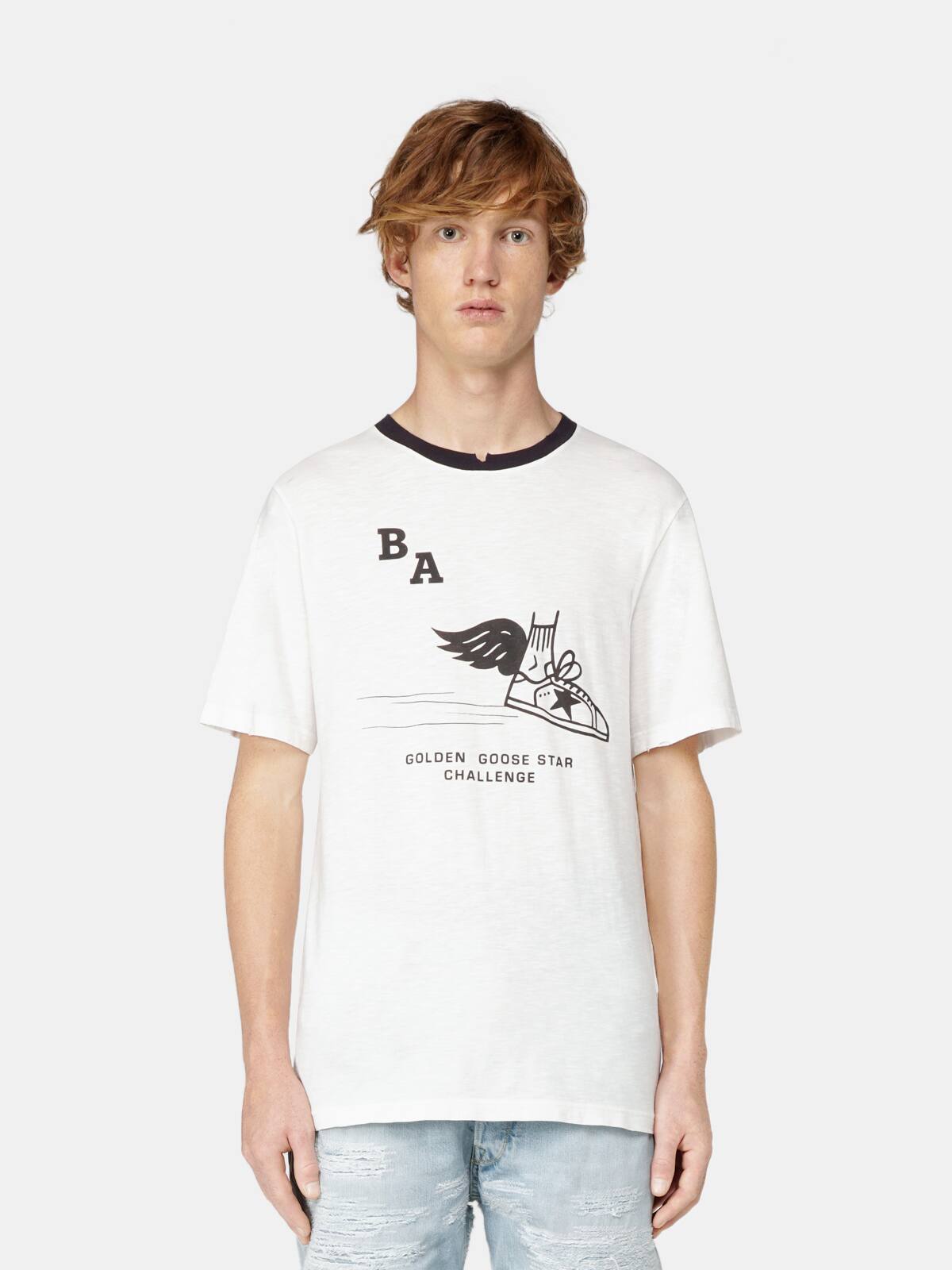 Golden Goose - T-shirt Adamo avec col contrasté et imprimé sur le devant in 