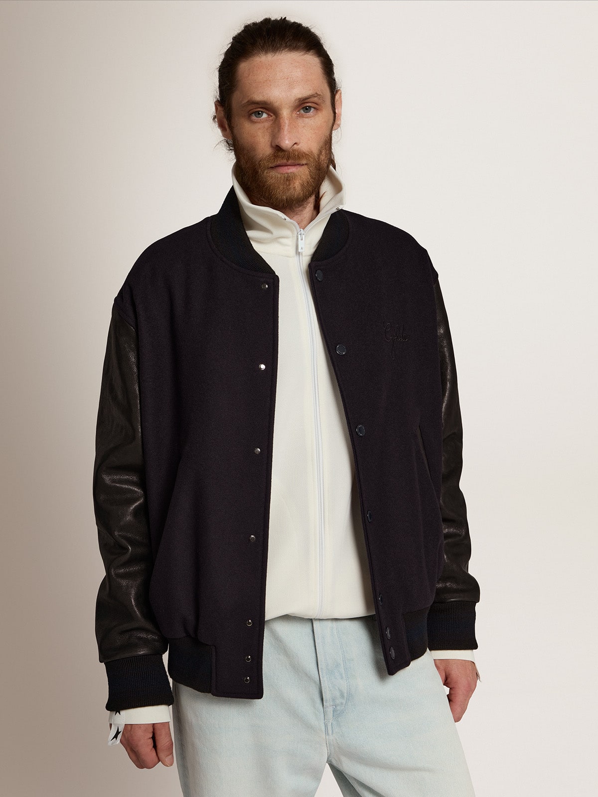 Golden Goose - Chaqueta bomber de lana azul oscuro con mangas de piel para hombre in 