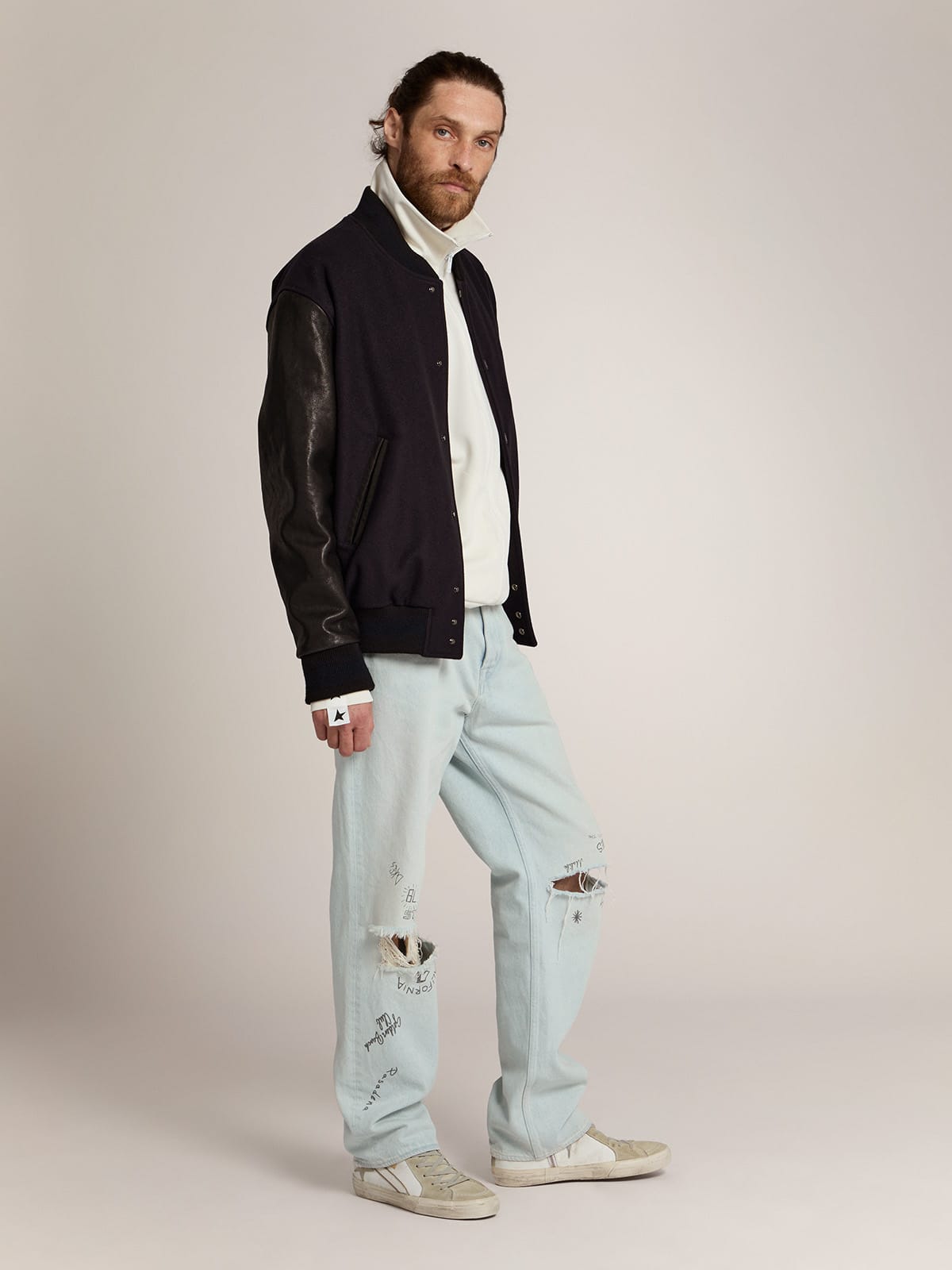 Golden Goose - Bomber homme en laine bleu foncé avec manches en cuir in 