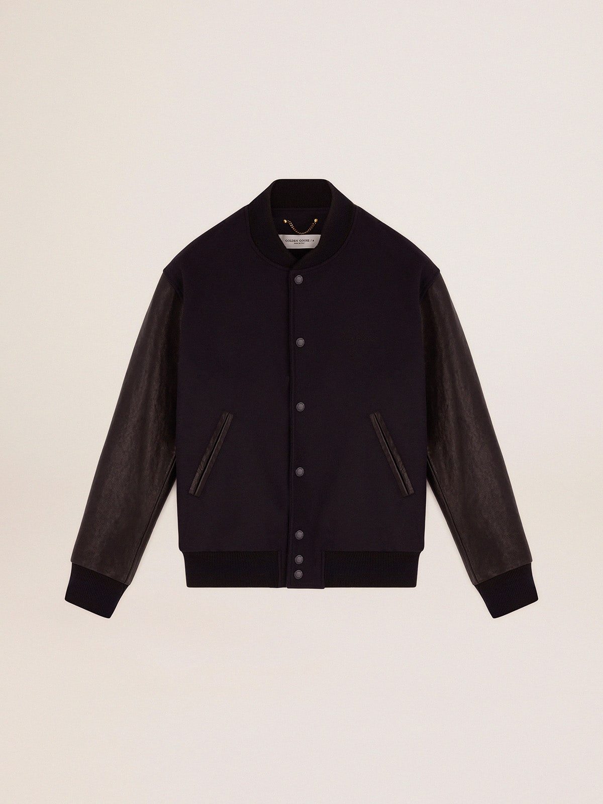 Men s bomber jacket in dark blue wool with leather sleeves