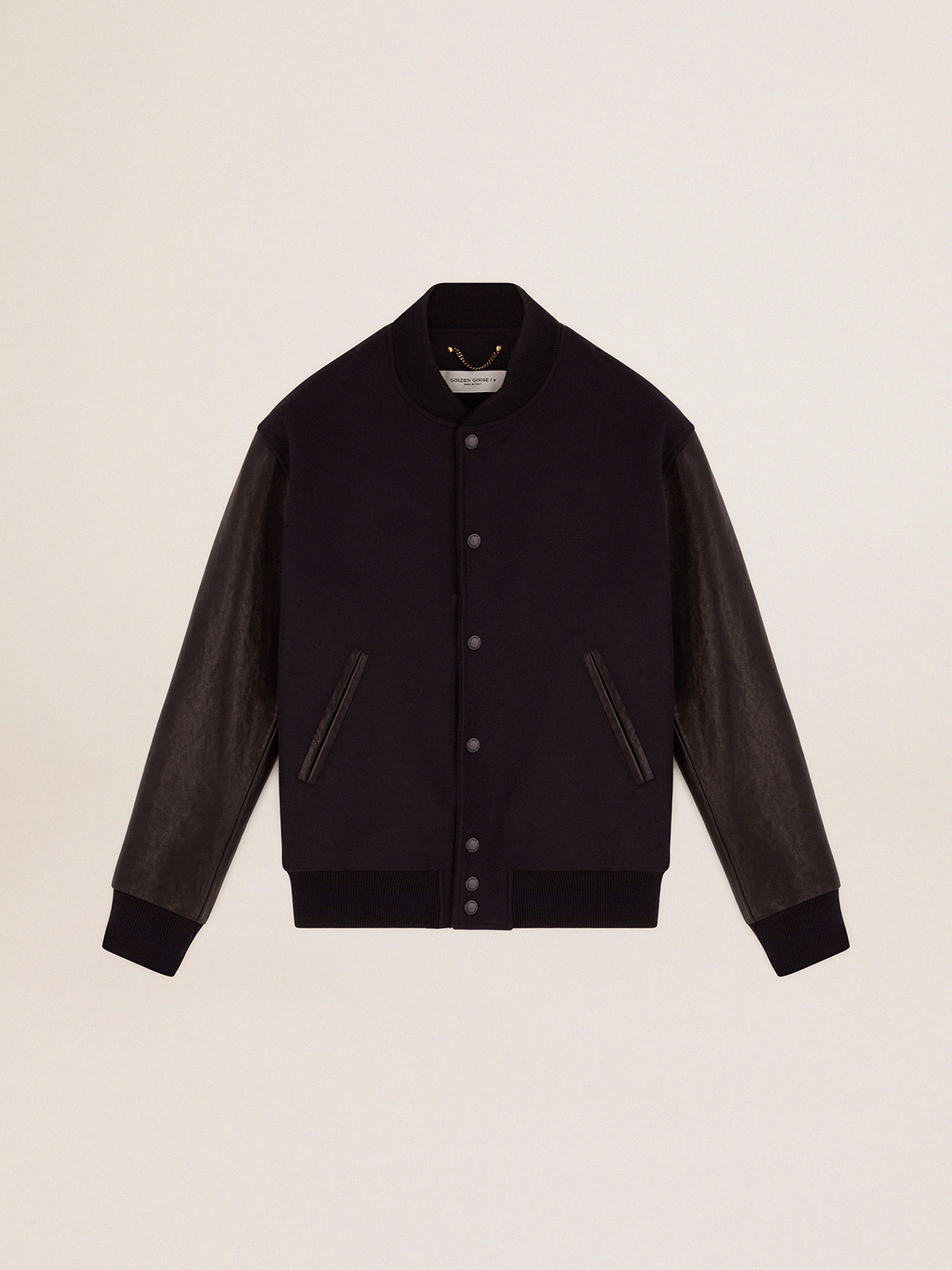 Bomber homme en laine bleu foncé avec manches en cuir — Golden Goose