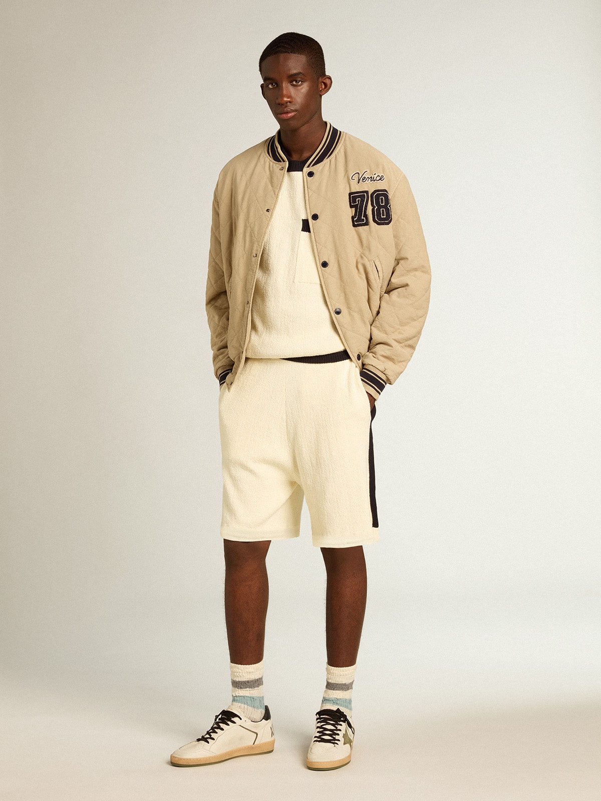 Khaki-colored quilted cotton bomber jacket | Golden Goose