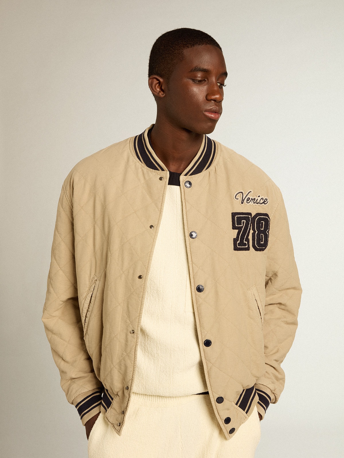 Khaki colored quilted cotton bomber jacket Golden Goose