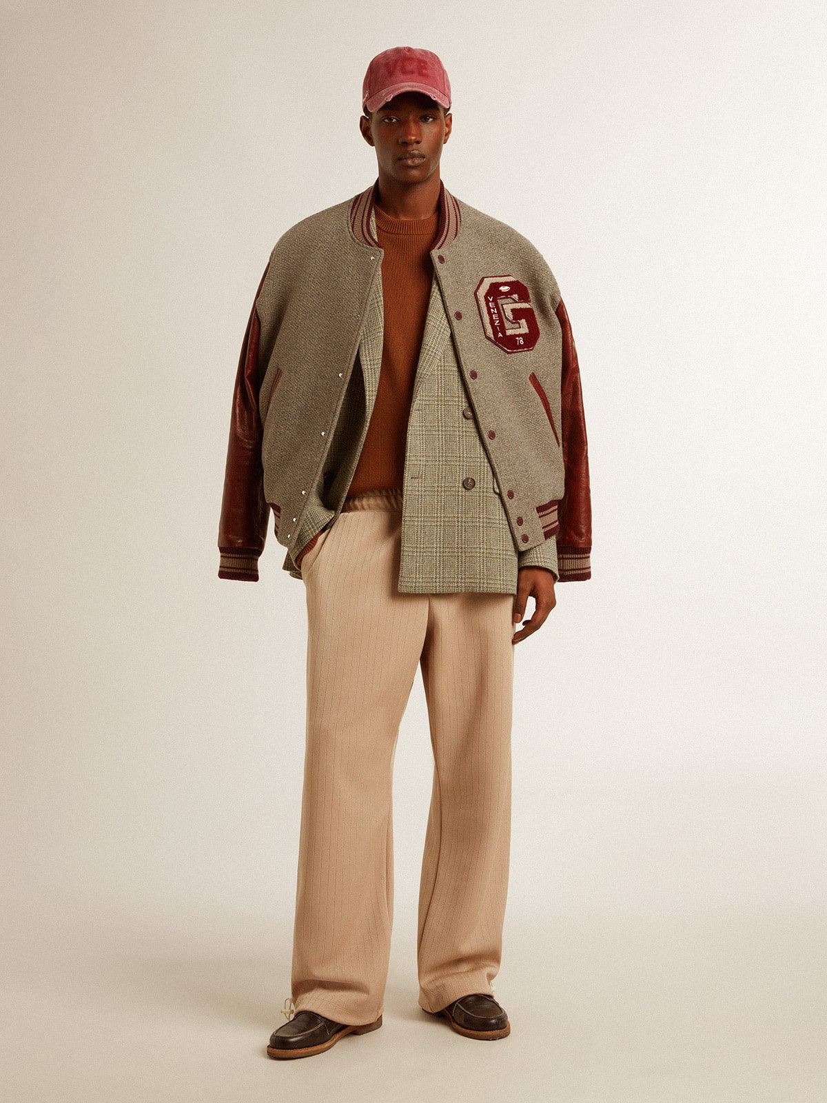 Golden Goose - Giacca bomber in lana grigio melange e maniche in pelle in 