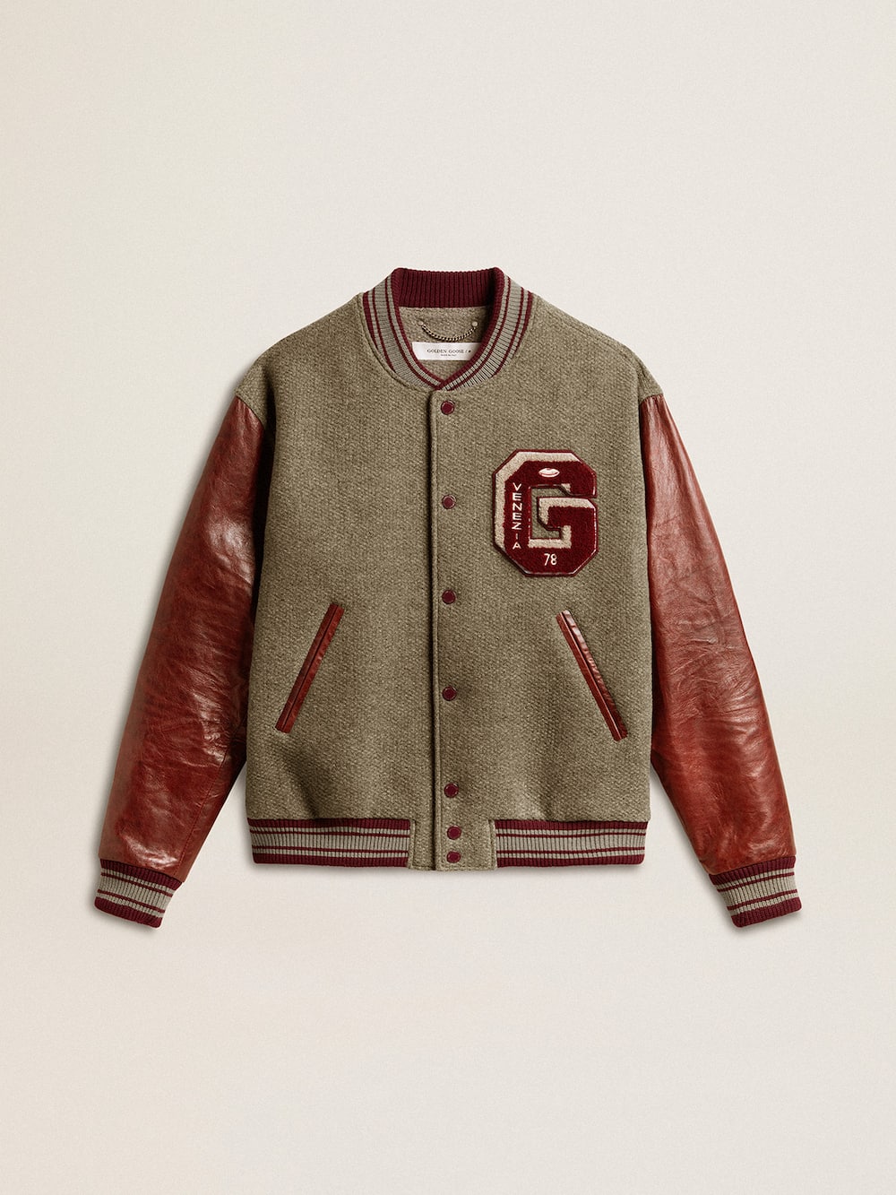 Veste bomber en laine gris chiné avec manches en cuir — Golden Goose
