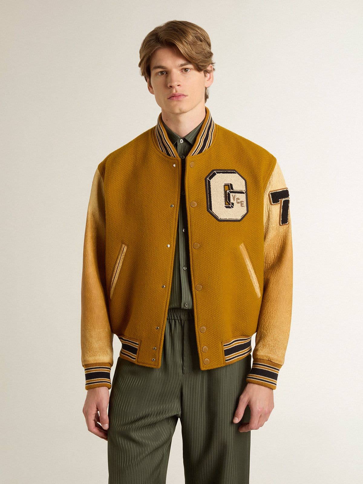 Golden Goose - Giacca bomber in lana color giallo ocra e maniche in pelle in 