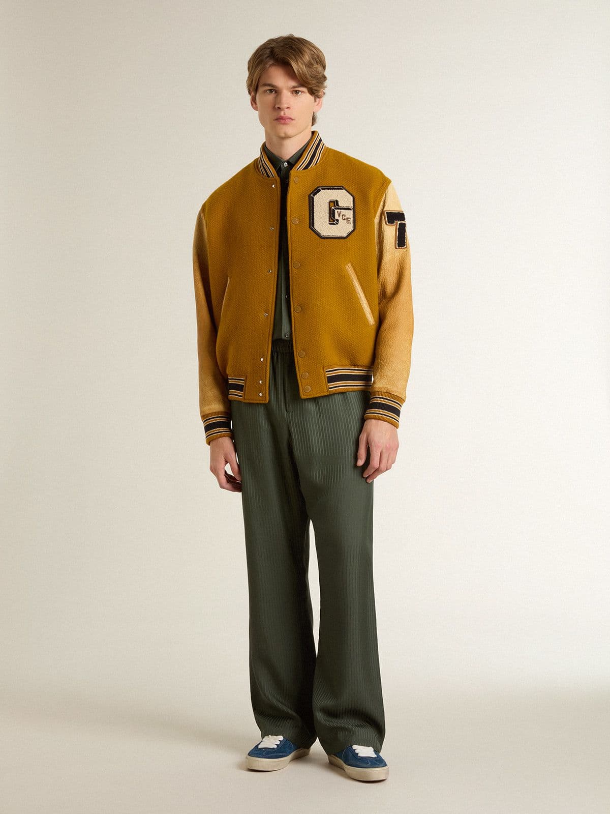 Golden Goose - Giacca bomber in lana color giallo ocra e maniche in pelle in 