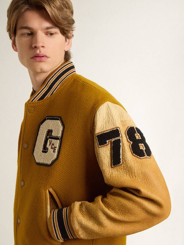 Golden Goose - Ochre yellow wool bomber jacket with leather sleeves in 