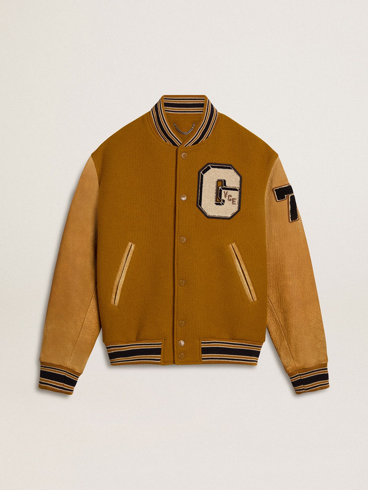 Veste bomber en laine jaune ocre avec manches en cuir — Golden Goose