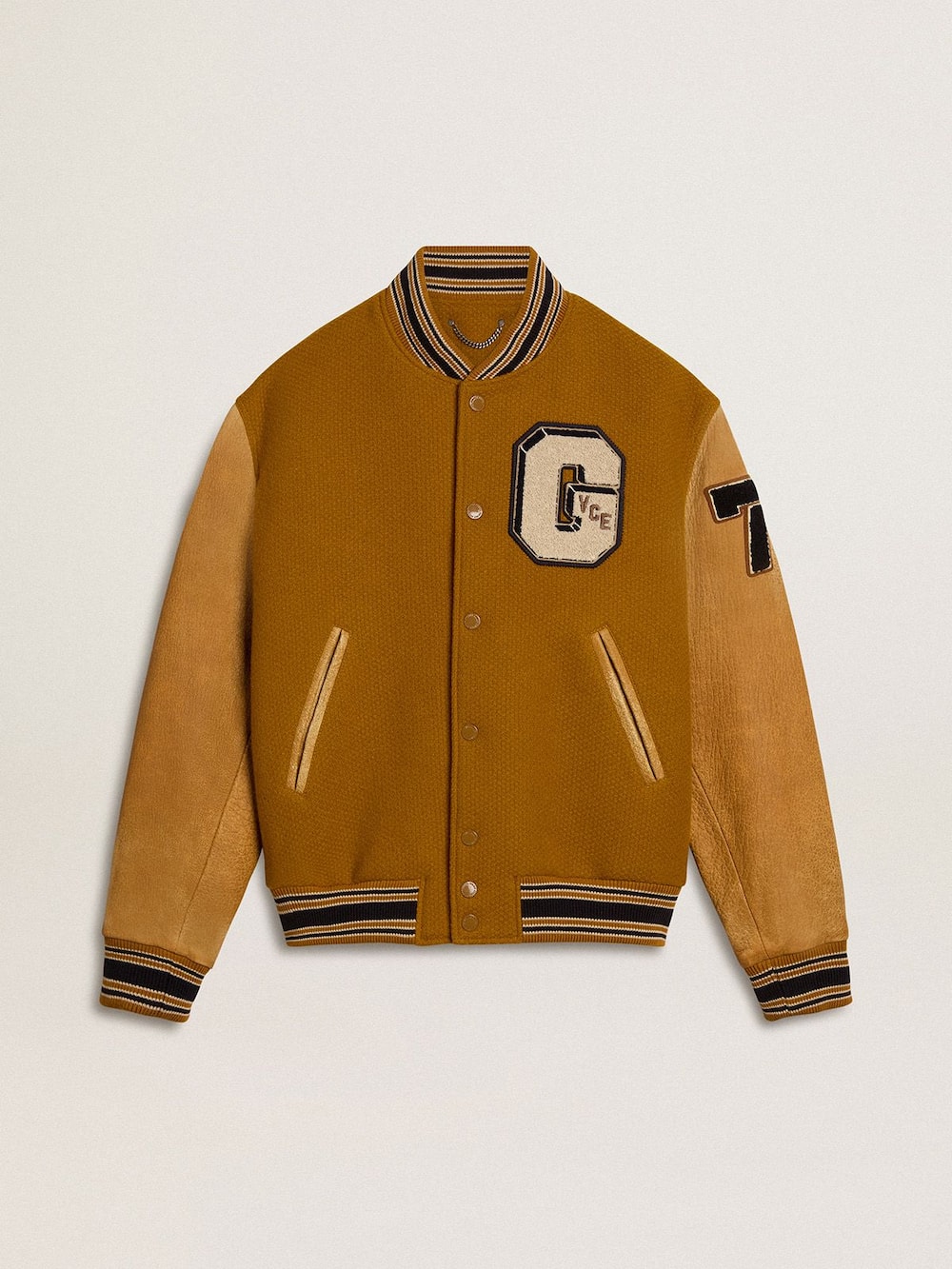 Veste bomber en laine jaune ocre avec manches en cuir — Golden Goose