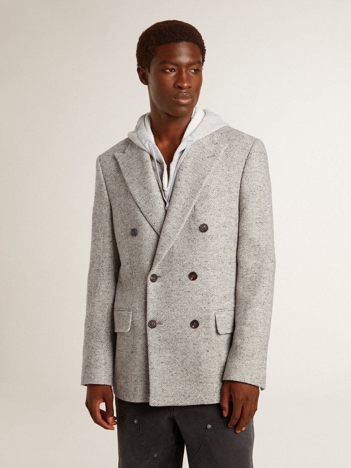 Golden Goose - Men's double-breasted jacket in gray silk and chevron wool in 