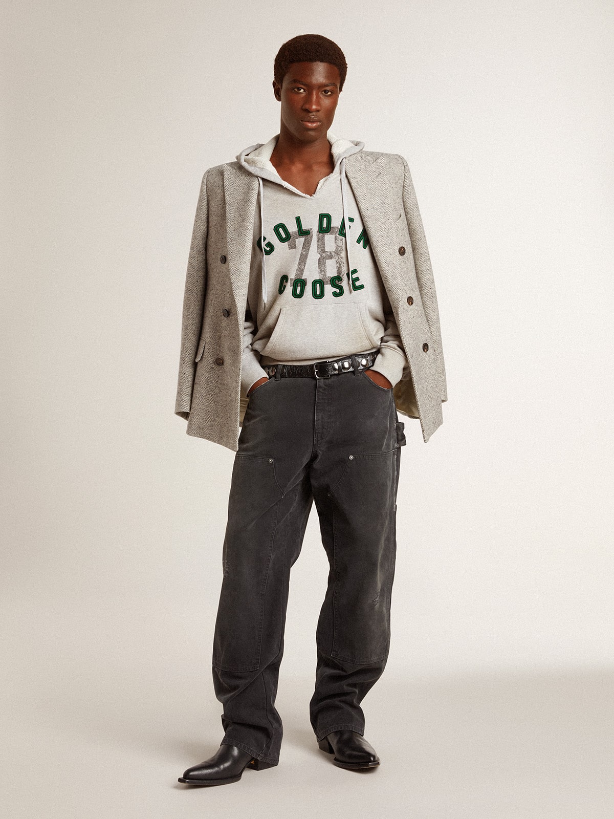 Golden Goose - Men's double-breasted jacket in gray silk and chevron wool in 