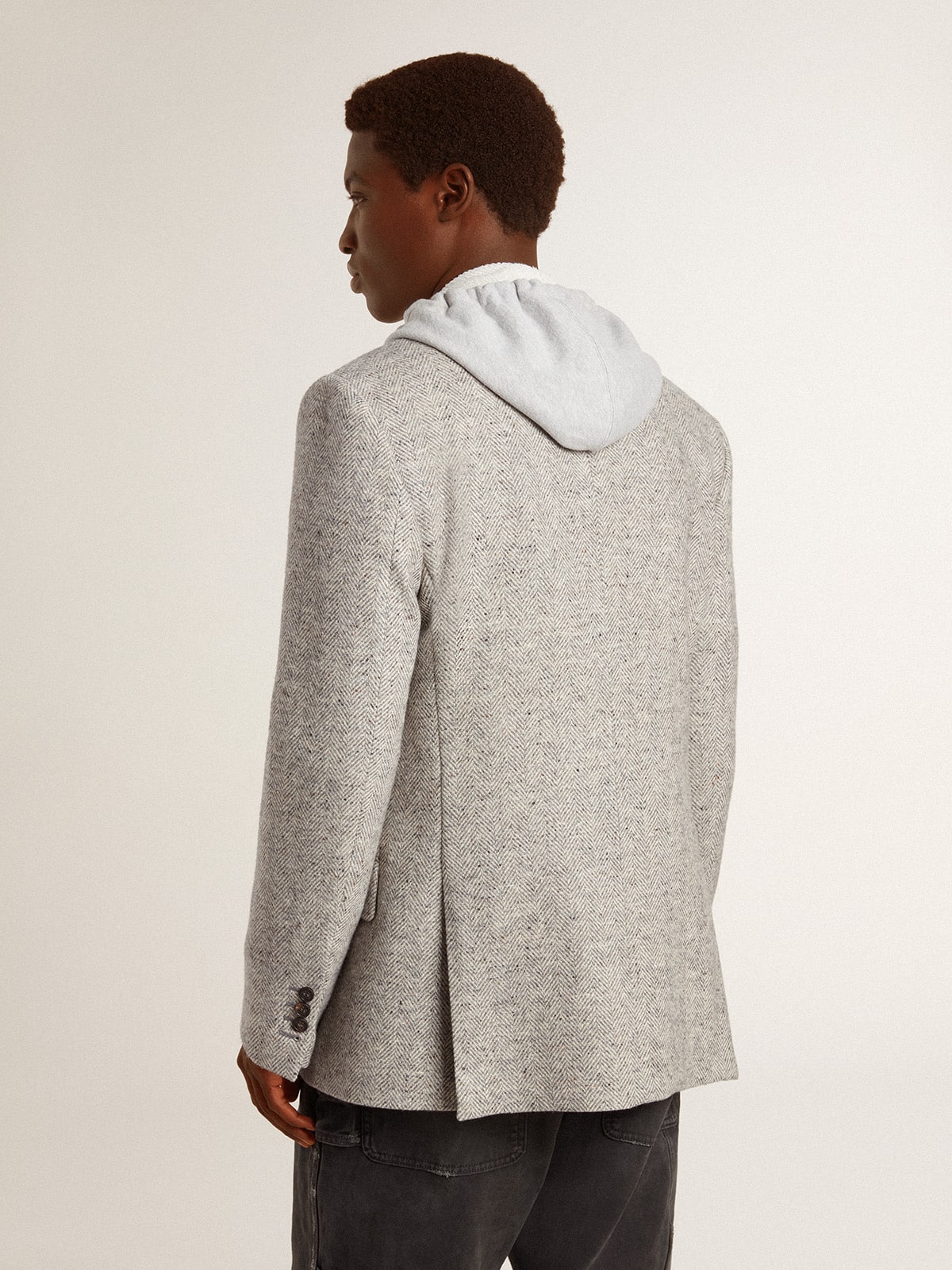 Golden Goose - Men's double-breasted jacket in gray silk and chevron wool in 