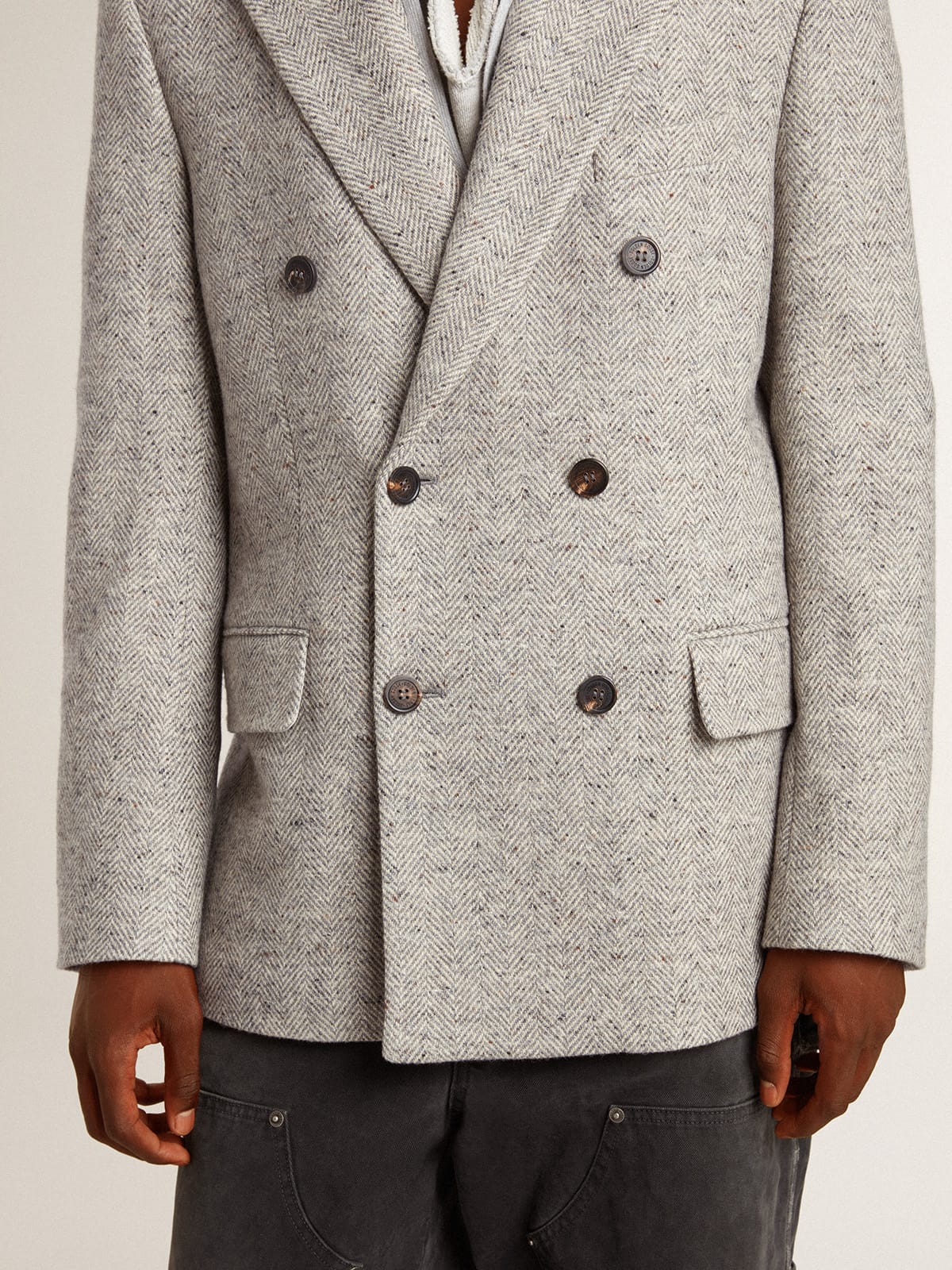 Golden Goose - Men's double-breasted jacket in gray silk and chevron wool in 