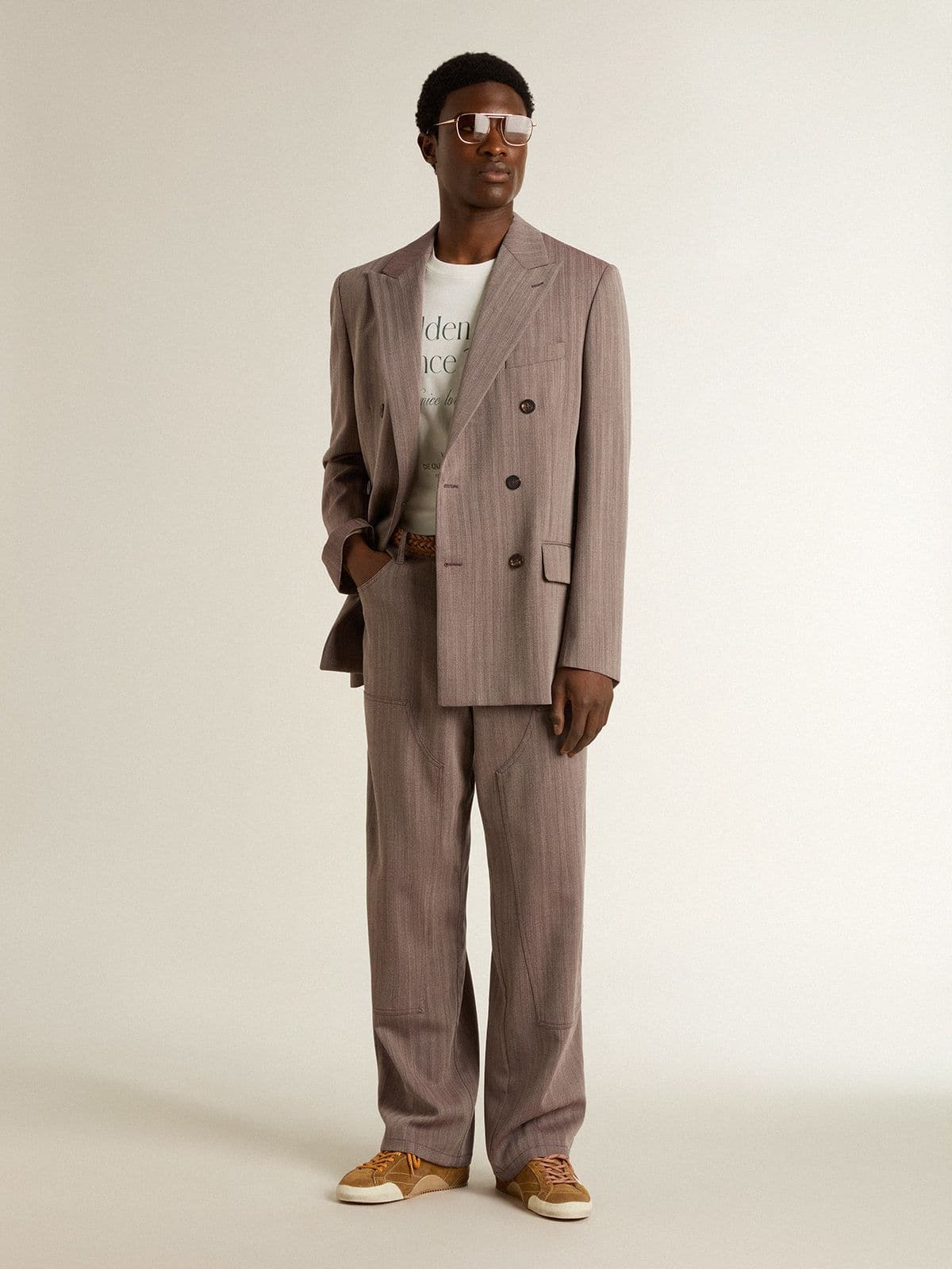 Golden Goose - Blazer doppiopetto da uomo in misto lana chevron di colore beige in 