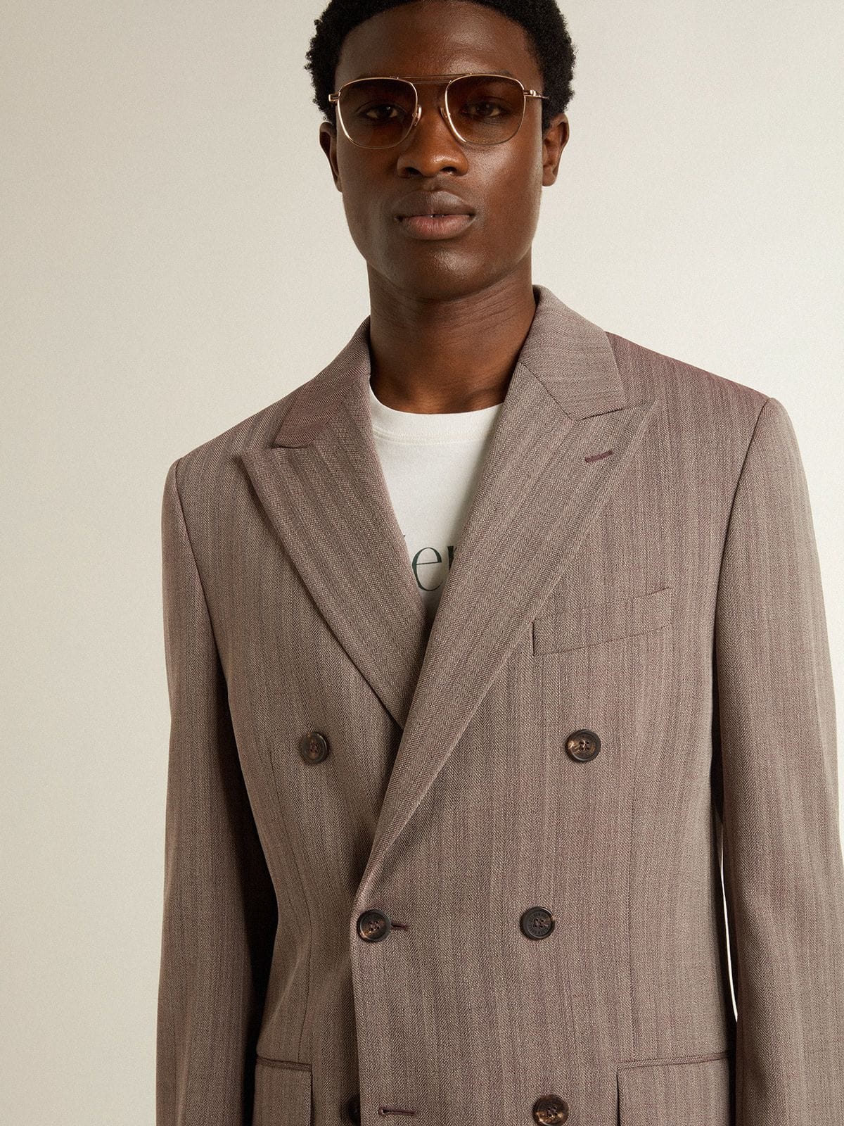 Golden Goose - Blazer doppiopetto da uomo in misto lana chevron di colore beige in 