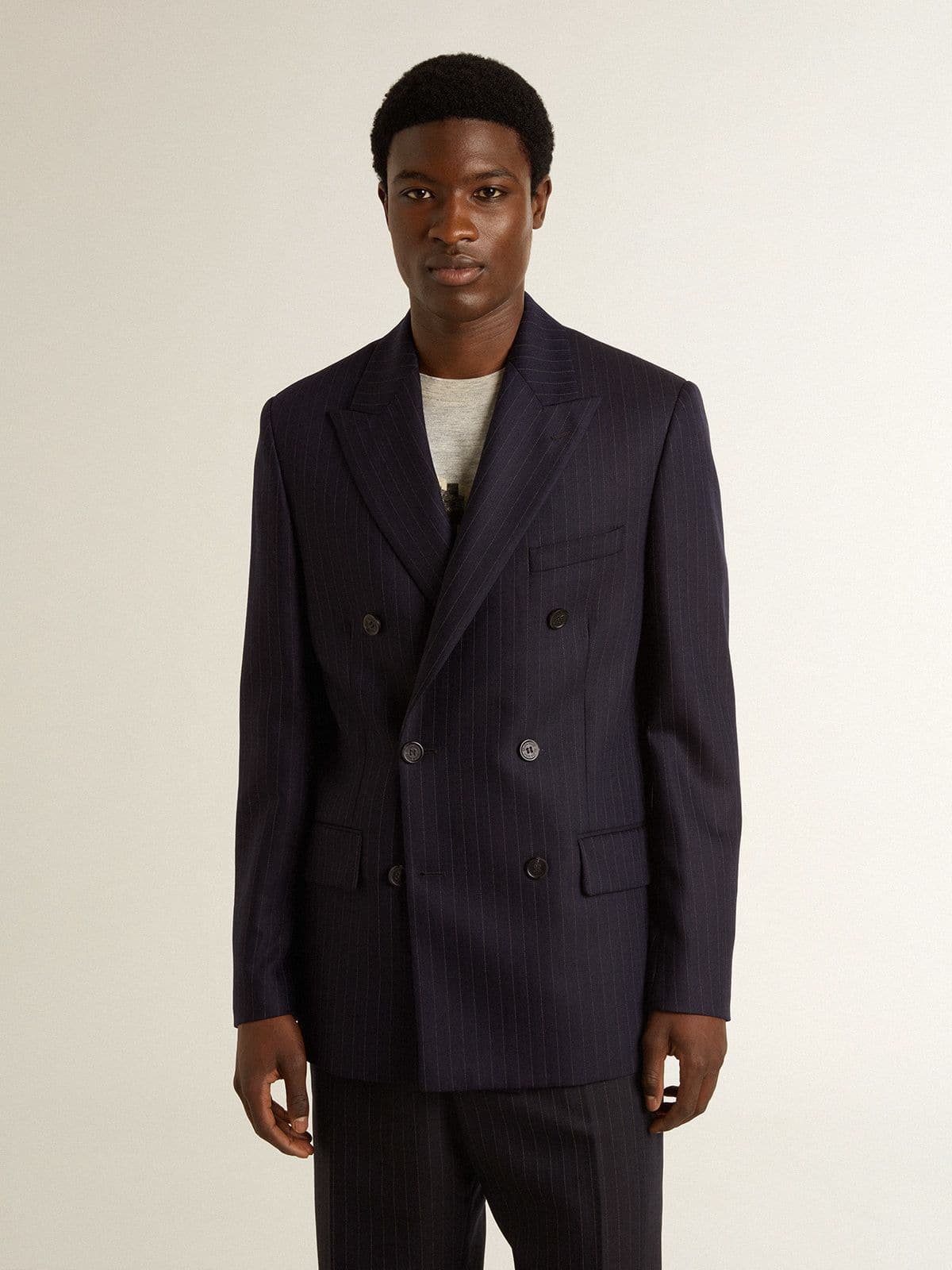 Golden Goose - Blazer croisé pour homme en laine bleu nuit in 