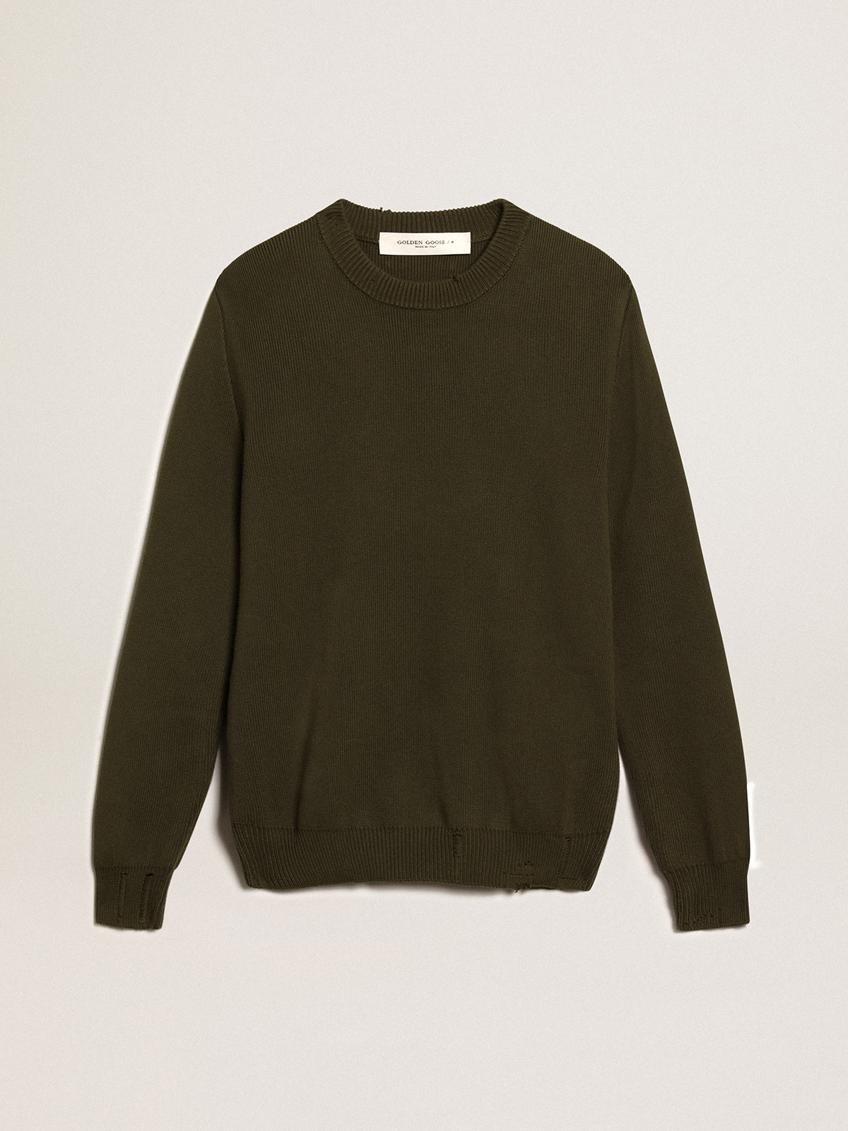Pull à col rond homme en coton vert militaire — Golden Goose