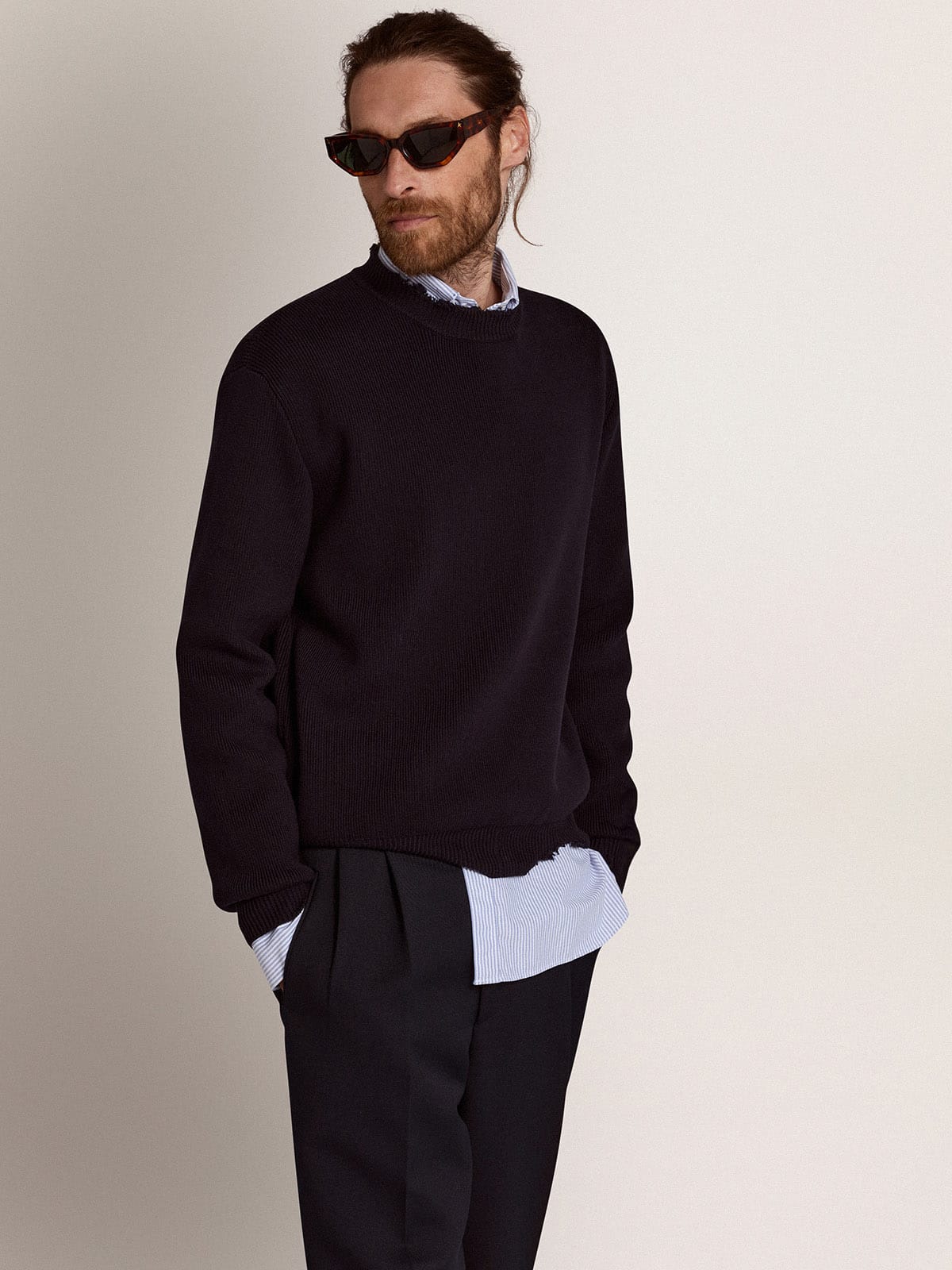 Golden Goose - Maglione girocollo da uomo in cotone blu scuro in 