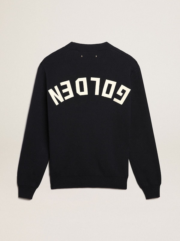 Men's round-neck sweater in dark blue cotton with logo
