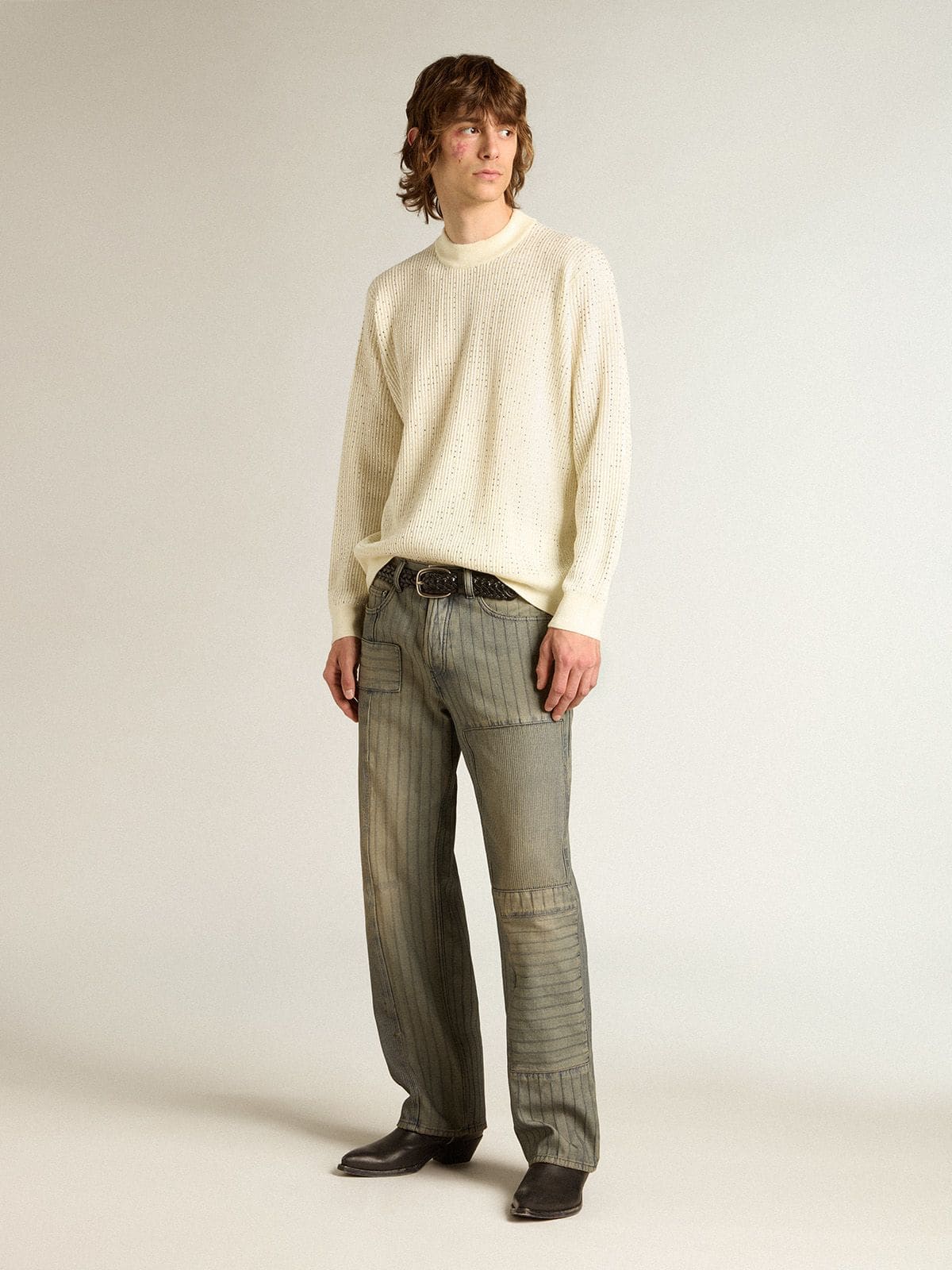 Golden Goose - Jersey de cuello redondo de hombre en lana merina blanca con cristales all-over in 
