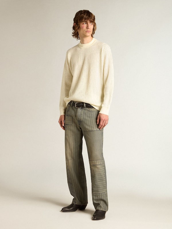 Golden Goose - Men's crew-neck sweater in white merino wool with all-over crystals in 