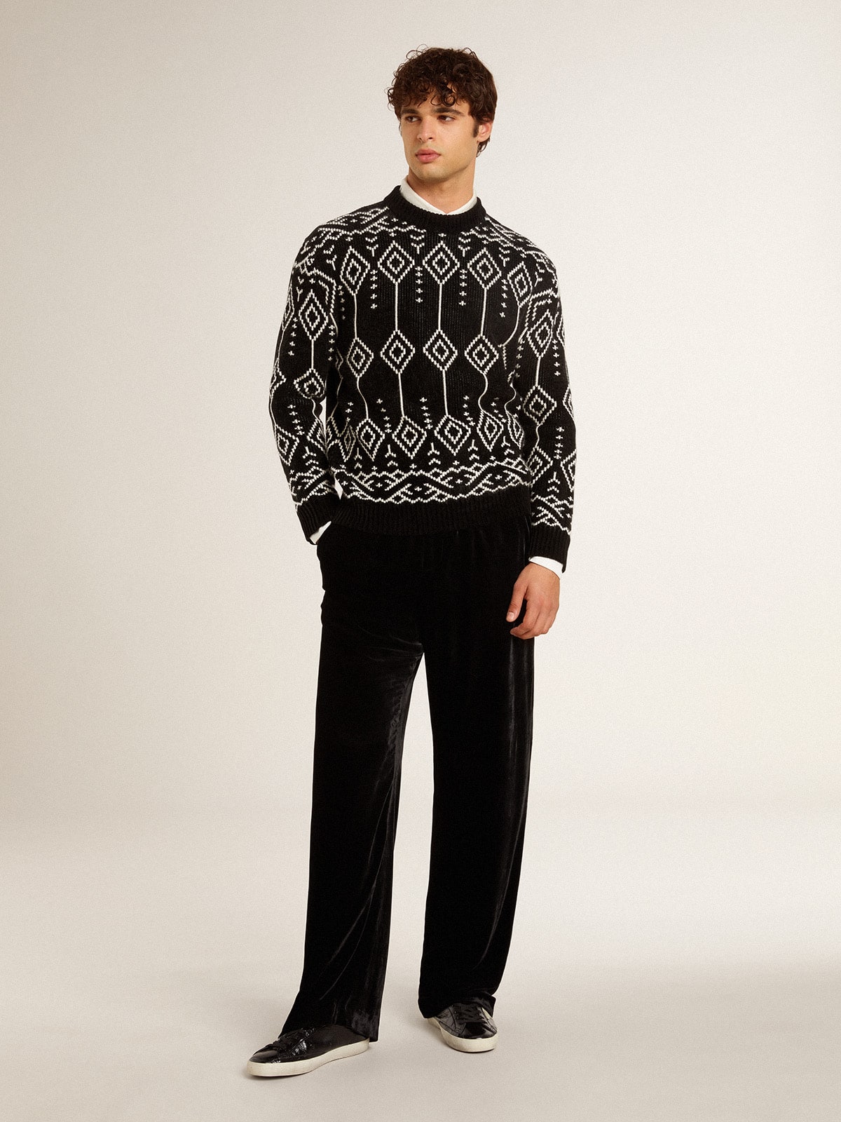 Golden Goose - Men’s crew neck wool blend sweater with jacquard argyle design  in 