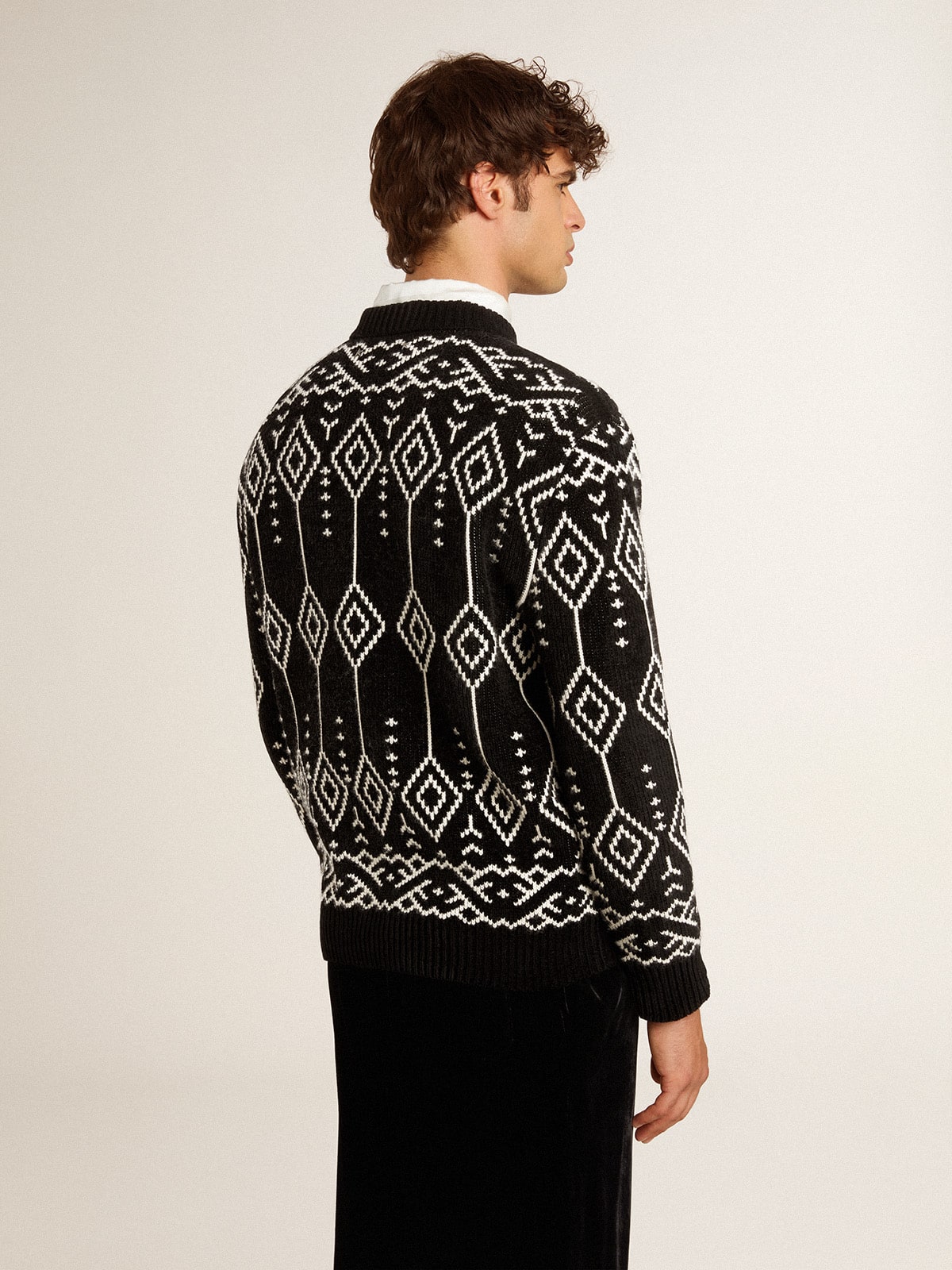 Golden Goose - Men’s crew neck wool blend sweater with jacquard argyle design  in 