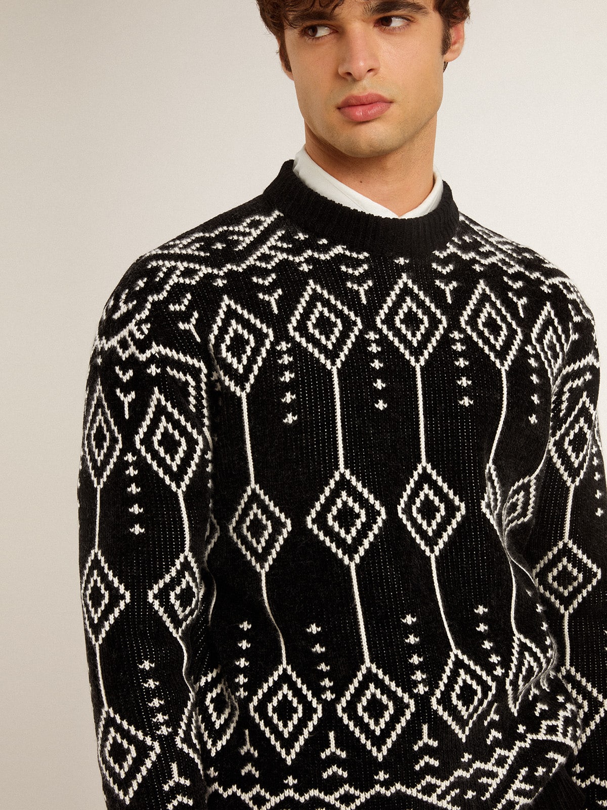 Golden Goose - Men’s crew neck wool blend sweater with jacquard argyle design  in 