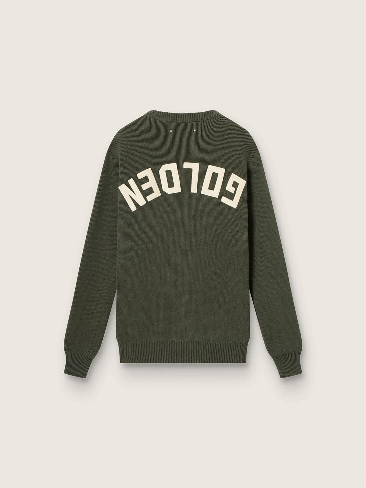 Men's military green crew neck sweater with 'Golden' lettering on