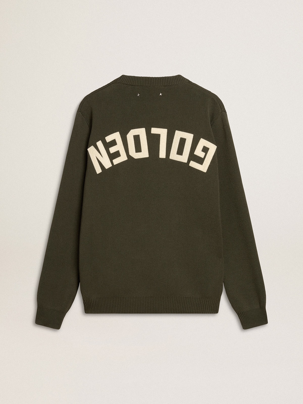 Men's military green crew neck sweater with 'Golden' lettering on the back