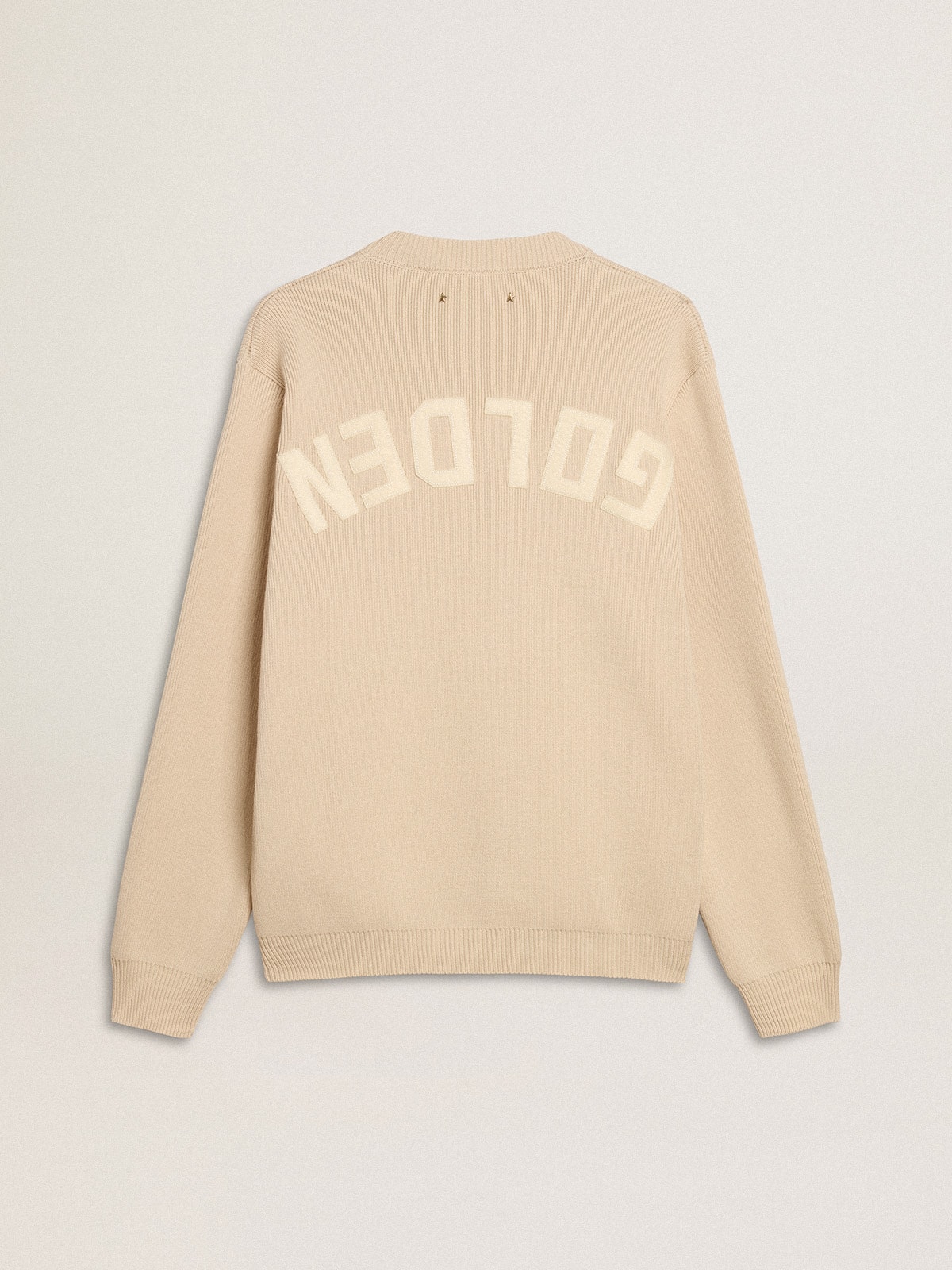 Men’s beige crew neck sweater with ‘Golden’ lettering on the back