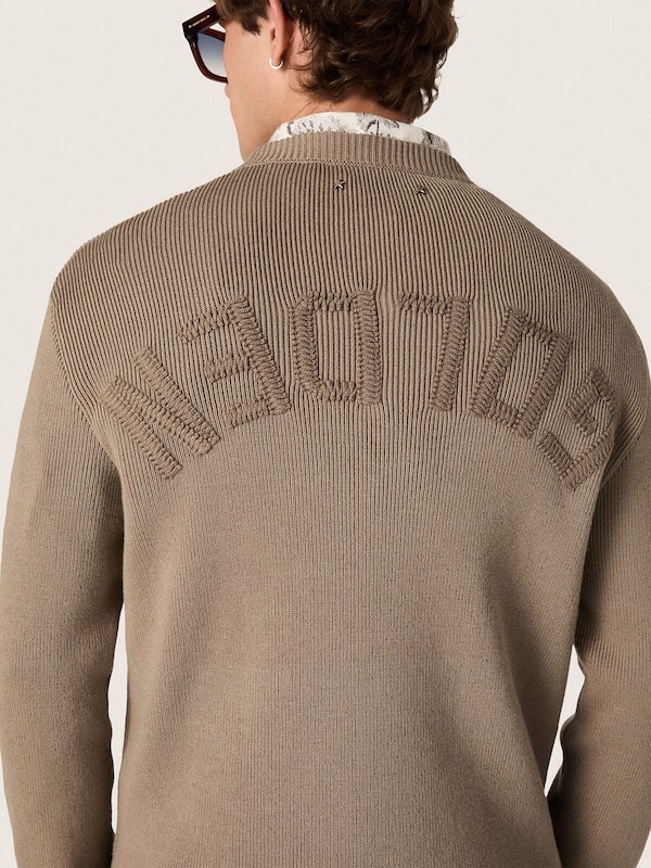 Golden Goose - Men's sweater in light taupe organic cotton with embroidered logo in 