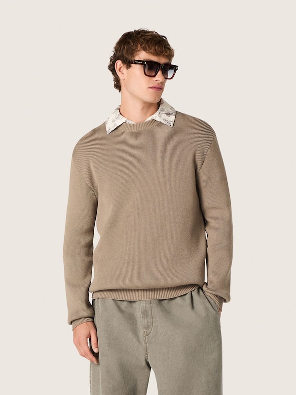 Golden Goose - Men's sweater in light taupe organic cotton with embroidered logo in 