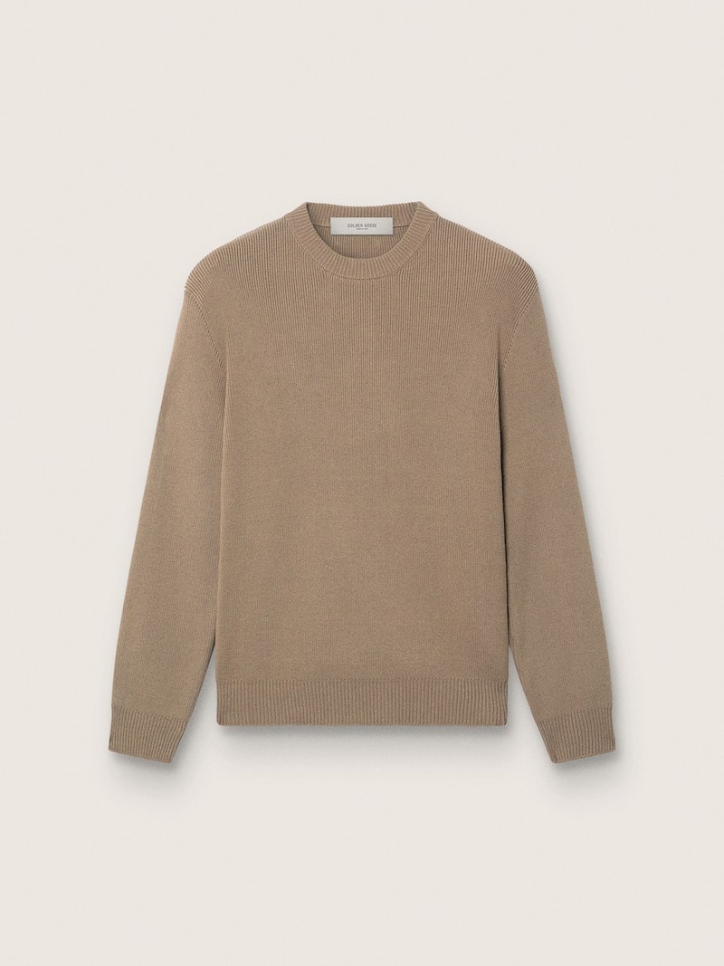 Herrenpullover aus Bio-Baumwolle in hellem Taupe mit gesticktem Logo