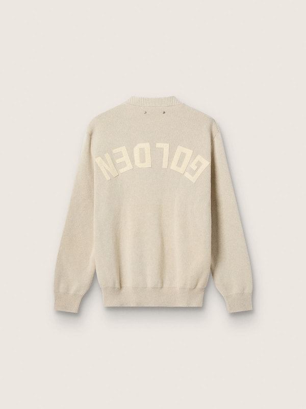 Unisex crew-neck sweater in beige cotton with patch on the front and logo on the back